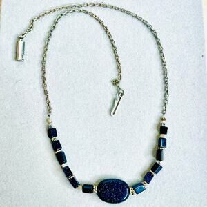 Dark Blue Sparkly Beaded Silver Tone Necklace